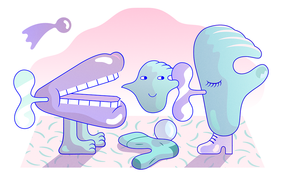 En tecknad tandställning och en hand med ett blundande öga