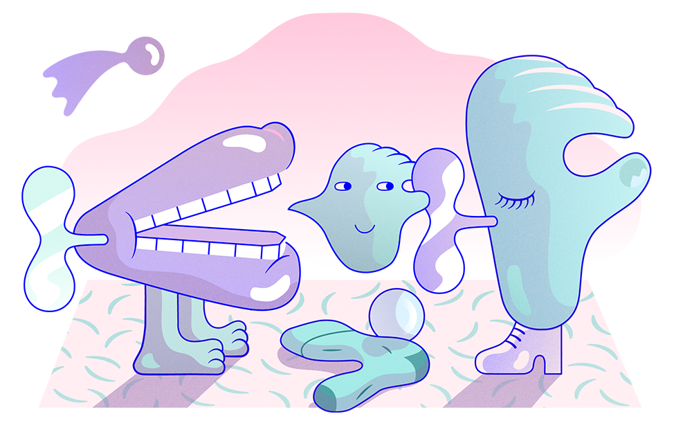 En tecknad tandställning och en hand med ett blundande öga