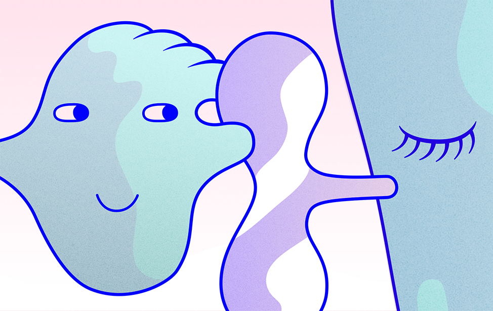 En tecknad håller om en annan hand med ett blundande öga