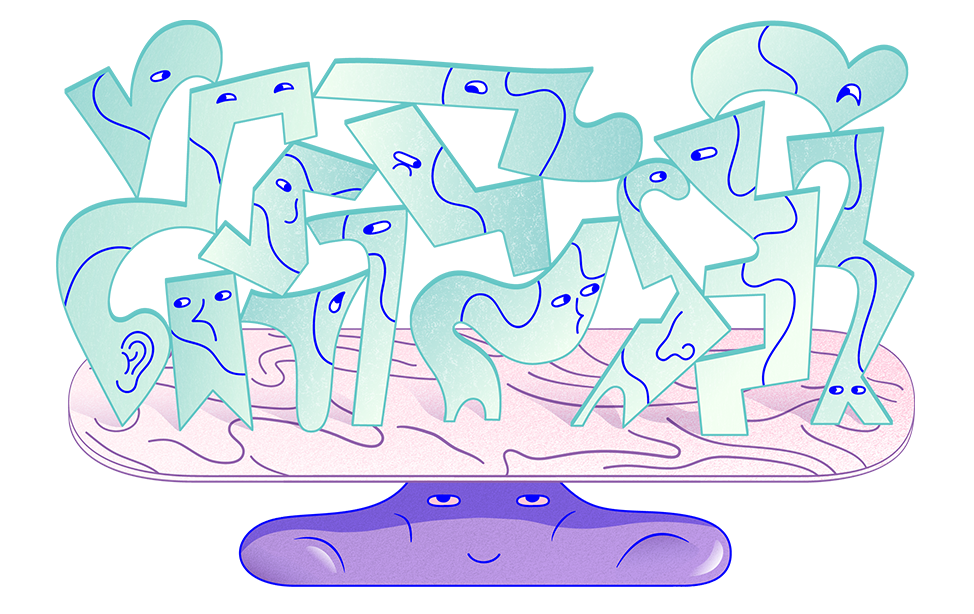 Tecknade figurer i olika former balanserar på en bräda