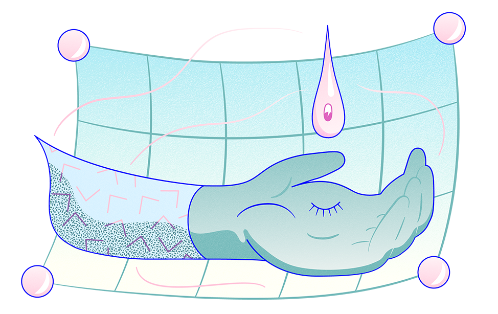 En tecknad hand med ett blundande öga fångar en tår