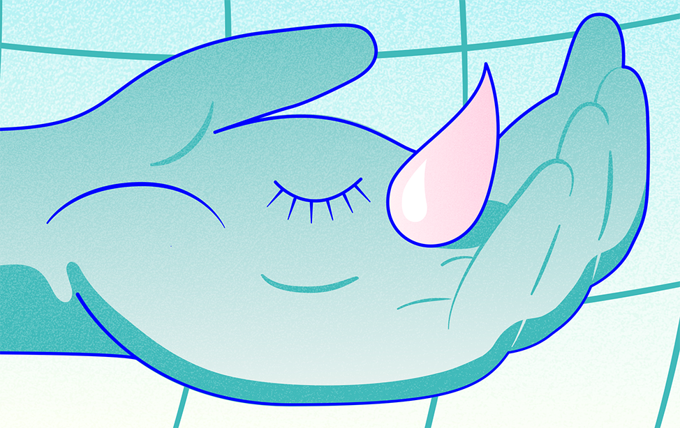 En tecknad hand med ett blundande öga fångar en tår