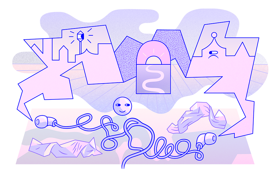 Ett tecknat landskap med speglar