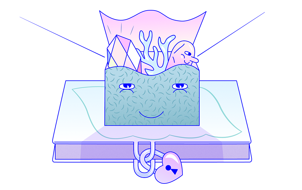 En tecknad låda med saker i på en bok med ett hjärtformat hänglås