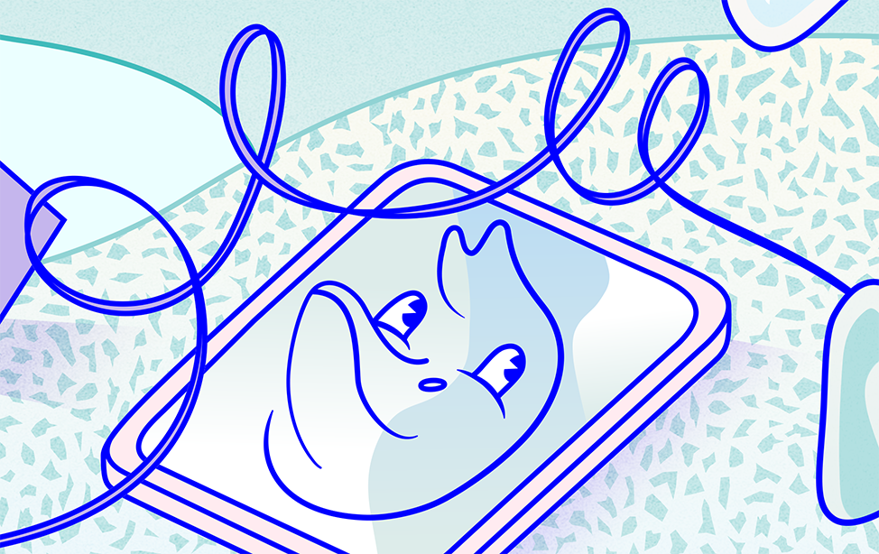 En tecknad surfplatta med ett leende ansikte