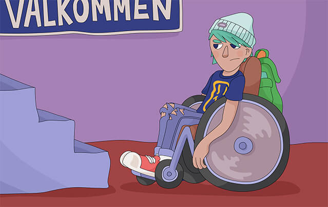Ett barn i rullstol vid en trappa. Texten säger välkommen.