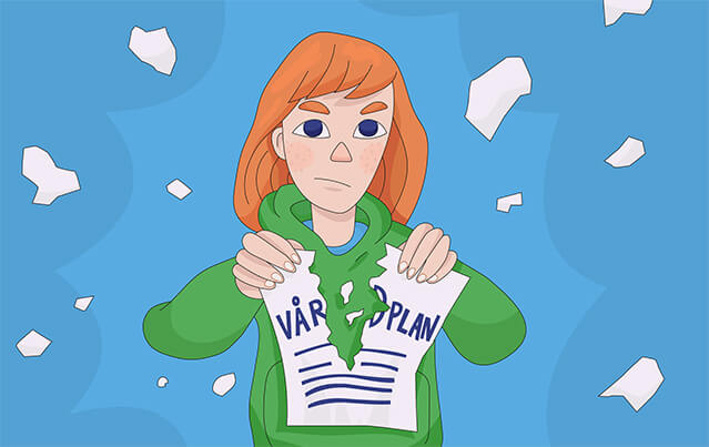 En ung person river sönder ett papper det står vårdplan på