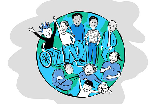 Tecknade barn på en världskarta