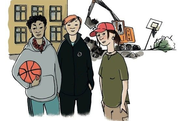 tecknade barn på skolgården